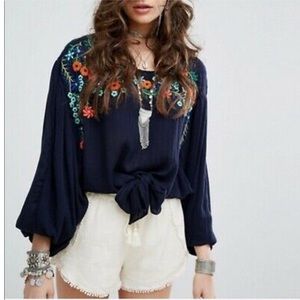 Free People Indigo Blue Floral Embroidered Top Light and Semi-sheer Size Small